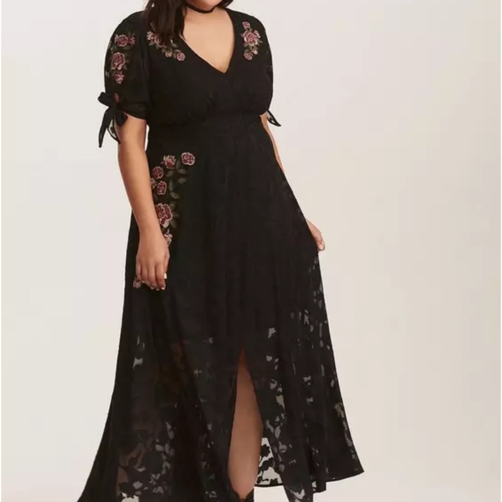 Torrid Black Maxi Dress with Pink Floral Embroidery